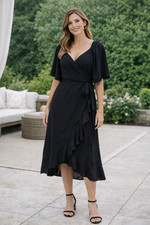 Black Wrap Midi Dress Women's Large Ruffle Hem Cocktail Wedding Guest NWT