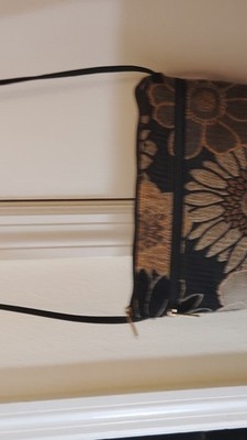 Danny K. Black Beige Gold Floral Tapestry Zip Crossbody Bag Gold Hardware