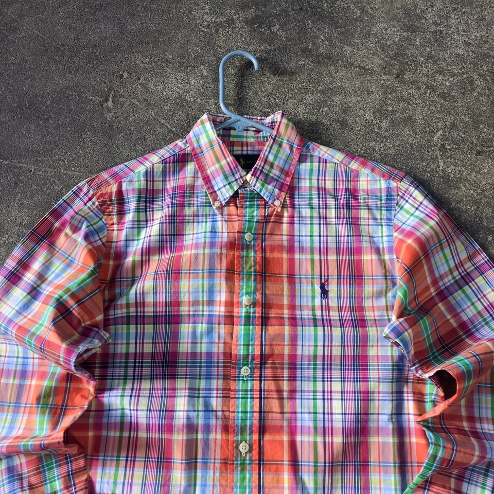 Camisa masculina Ralph Lauren Madras S laranja azul multicolorida xadrez botão para cima preppy  - Imagem 2 de 4