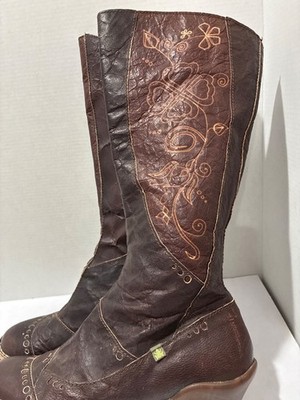 El Naturalista 4 Leaf Clover Painted Brown Distressed Leather Womens Tall Boots