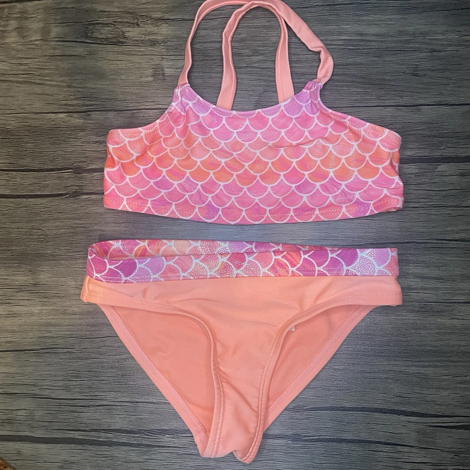 Traje de baño estilo sirena de 2 piezas y cubre naranja pastel/brillos XS 4-5 Foto 2 de 4