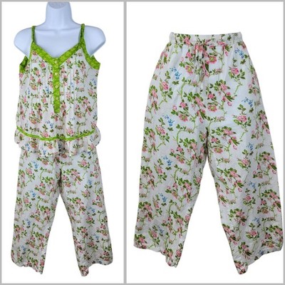 La Cera Pajamas Set Sz Small White Floral Cotton 2 Pc PJs Tank Top Capri Pants