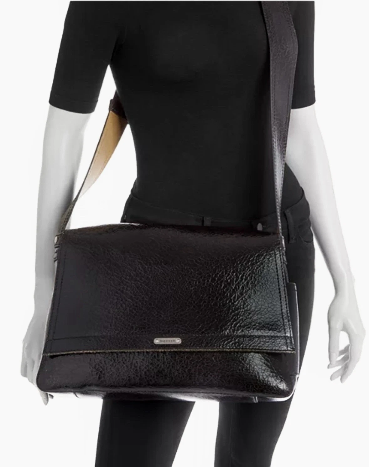 Alexander McQueen Calf Leather Large Messenger Bag Black Grained Texture $2400