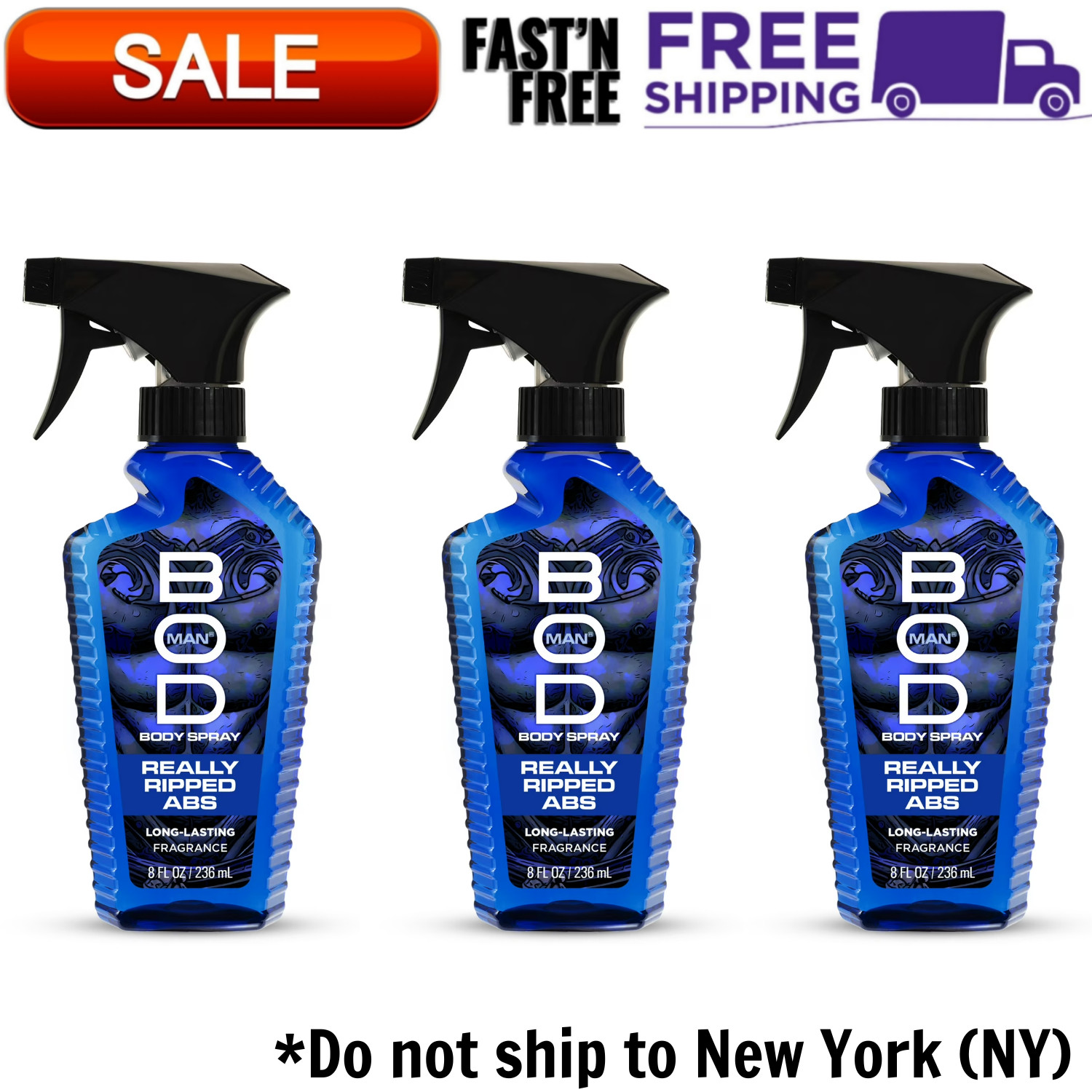 BOD Man Fragrance Body Spray, Really Ripped Abs, 8 fl oz ( Pack of 3 ) NEW