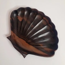 Vintage Carved Wood Scallop Shell Dish Trinket Coastal Beach Decor
