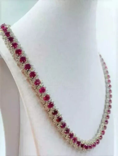 22Ct Oval Cut Lab-Created Ruby Women's Tennis Necklace 14K White Gold Plated 18" - Picture 3 of 4