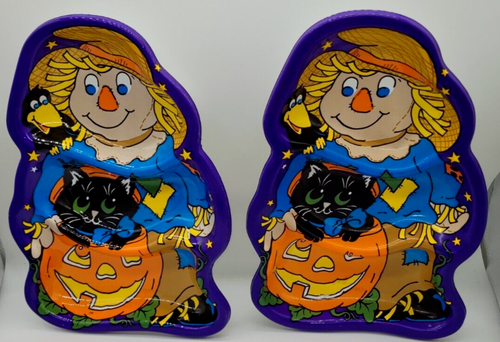 Vintage Berman Halloween 2er Set Kunststoff Süßigkeiten Tablett Vogelscheuche schwarze Katze Kürbis - Bild 1 von 5