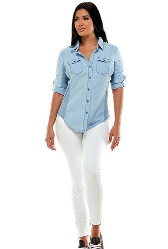 Women Junior shirt top Denim Cotton Blend button down stretch Ci Soon TP168 - Picture 9 of 12