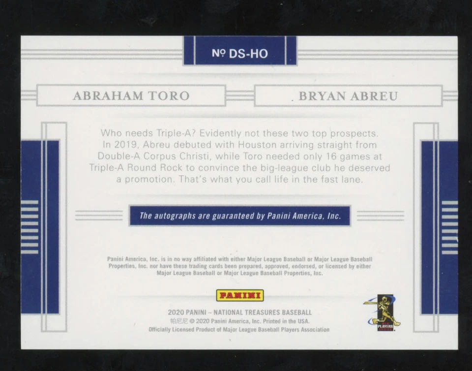 2020 Panini National Treasures #DS-HO Abraham Toro / Bryan Abreu Dual Auto 03/99 - Image 2 of 2