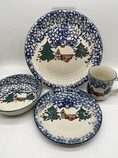 Folk Craft CABIN IN THE SNOW by Tienshan, 4 pc Place Setting, Winter, Christmas