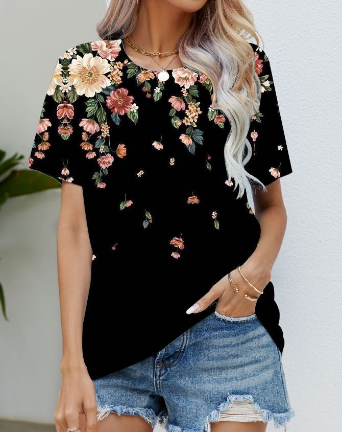 Blouse Women's Black Flower T Shirt Fashion Soft Short Sleeve TShirt