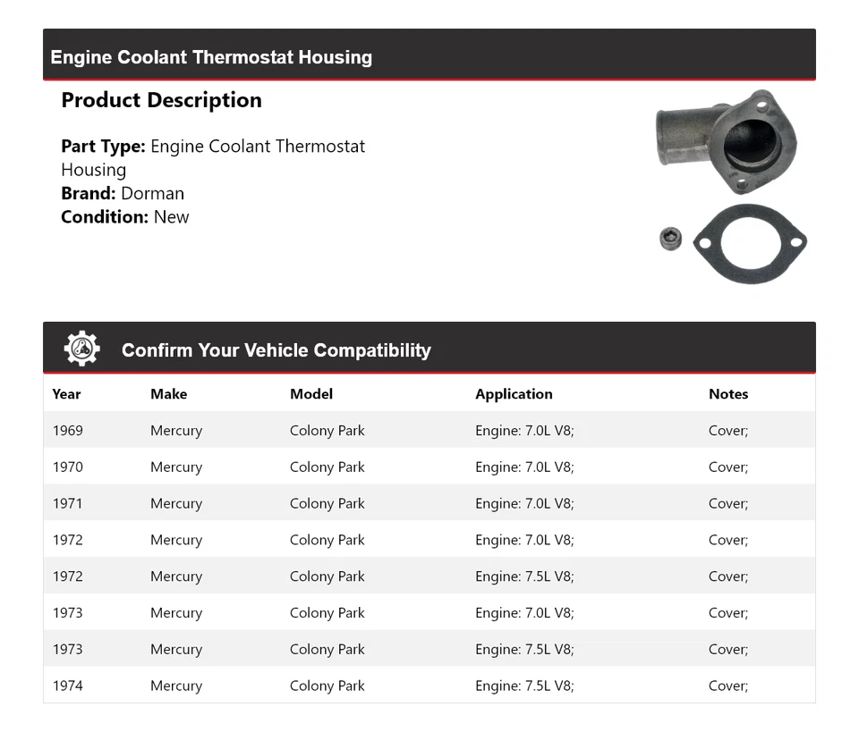 Carcasa termostato refrigerante motor Mercury Colony Park Dorman 1969-1974 1970 Foto 2 de 4