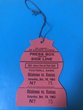 1963 Oklahoma Sooners vs Kansas Football PRESS Box Sideline Pass GALE SAYERS ++
