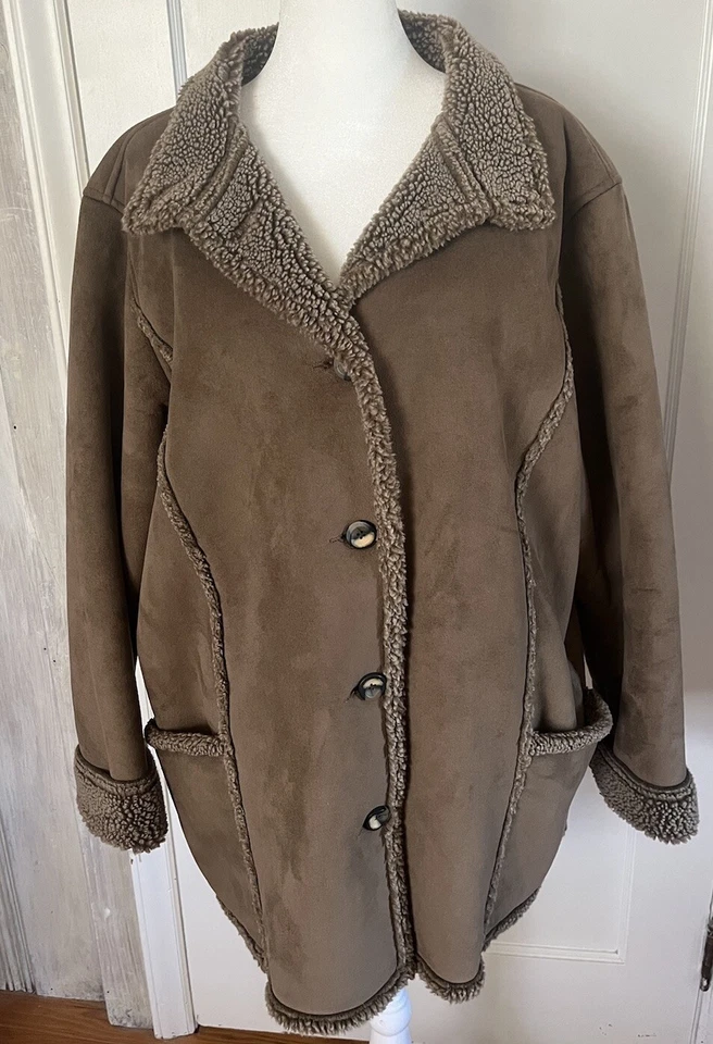 LL BEAN | Y2K Penny Lane Marrón Imitación Gamuza y Piel de Oveja Abrigo Largo Medio Botón | XL