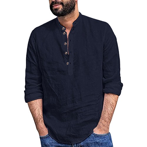 Mens Linen Cotton Shirt Button Up Long Sleeve Casual Loose Blouse Casual Tops ∂ - Picture 14 of 28