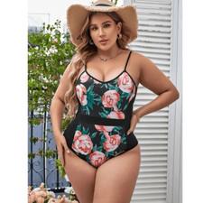 Plus Floral Black Print Slimming Colorblock Bodysuit Swimsuit Size 2XL 16