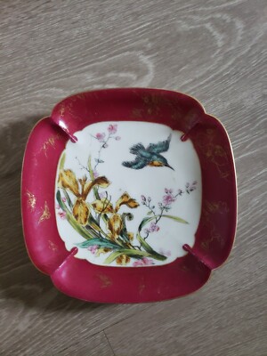 Antique VTG Brooklyn Ovington Chicago Porcelain Plate Square Red Bird Gold edge