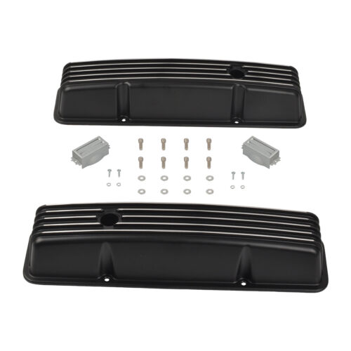 Black Finned Tall Valve Covers & Air PCV Breather For SBC Chevy 327 350 1958-86 - Foto 3 di 10