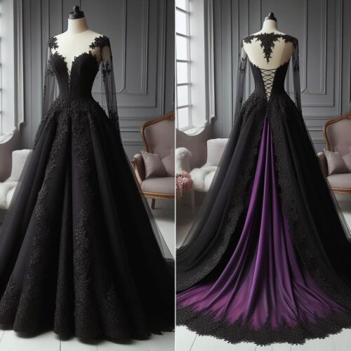 Gothic Black and Purple Wedding Dresses Long Sleeves Corset A Line Bridal Gowns - Picture 2 of 13