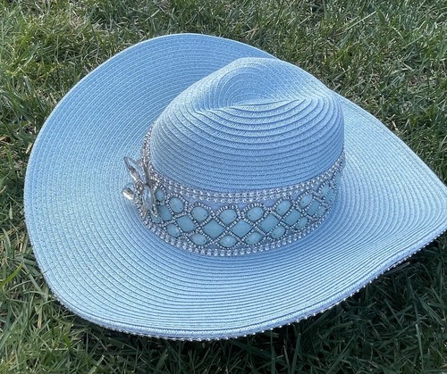 Estate sequence,Cowgirl Hat Cowboy Whittall &Shon USA Paper Straw Gems Turquoise - Picture 5 of 9