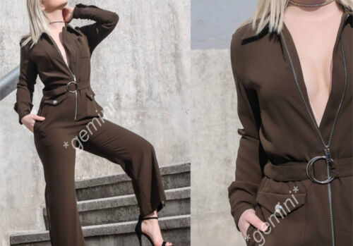 ZARA KHAKI LONG ZIPPED BELTED JUMPSUIT LANGER OVERALL GÜRTEL Reißversch. SIZE S