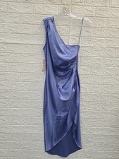 New BHLDN Liliana One Shoulder Stretch Satin Midi Dress Blue Size Small