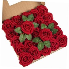 25Pcs Artificial Roses Flowers Fake Roses with Stems Real Touch 25PCS Dark Red