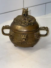 China Brass incense burner censer Bronze animal Dragon incense burner 4” Signed