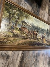 Framed Oil Painting 'Waiting for the Ferry' Horse Carriage Landscape, 1992