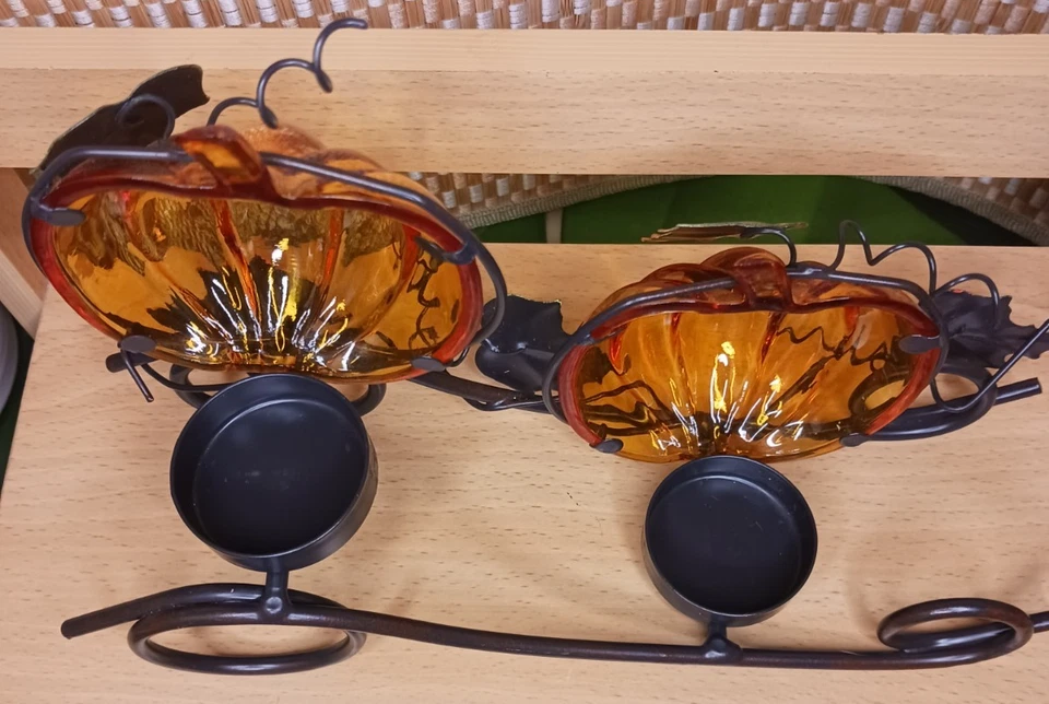 Tealight duplo ~ Abóboras laranja de vidro manchado ~ Folhas de metal outono videiras ~ 10x6" - Imagem 3 de 4