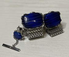 Lot de boutons de manchette et attaches vintage pierre bleue et métal argenté