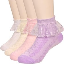 4 Pairs Girls Lace Ruffled Socks Soft Cotton Frilly 7-9 Years Style B 4 Pairs