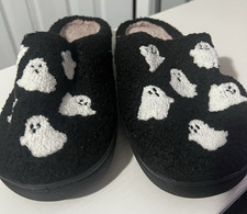 Women's Halloween Ghost Slippers Black Pink Cozy House Shoes Size M 7-8 NWOB