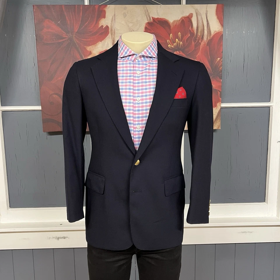 Vintage Nordstrom Blazer Jacket Mens 36-38S Short Wool Dark Navy Golden Buttons - Image 2 of 4