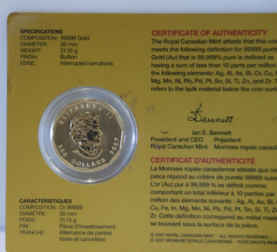 2007 Canada RCM 1 Troy Oz. Maple Leaf .9999 Fine Gold $200 in Original Card - Image 4 of 4