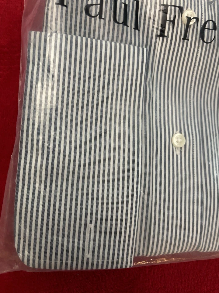 NWT Paul Fredrick 17.5/35 Tailored Fit Blue Stripe NI Snap Tab Collar Frnch Cuff - Image 3 of 4