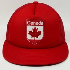 Vintage 80s Canadian Trucker Hat Baseball Cap Red Canada Maple Leaf Snapback