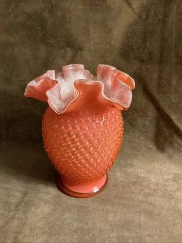 Rare Fenton coral overlay hobnail crimped ruffled Cased art glass Vase
