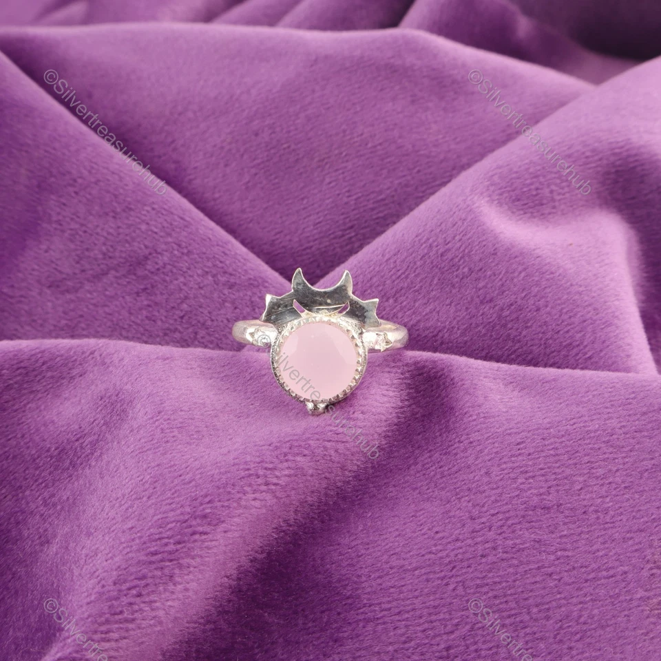 Conjunto de canales de piedras preciosas de calcedonia rosa alianza anillo madre plata de ley Foto 3 de 4