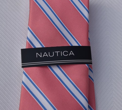 NWT Nautica Necktie Coral / Lt. Blue Diagonal Striped Tie 100% Silk Dress Suit - Picture 4 of 12