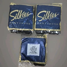NEW Silkies Control Top Support Queen X-Large Jet Black Pantyhose LOT OF 3 NOS