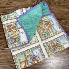 Vintage Handmade Children s Quilt Reversible Bears and Solid Violet Fabric 40x32