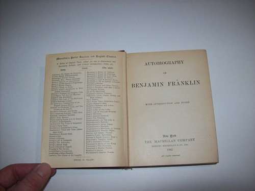 Cover of Autobiography of Benjamin Franklin, 1905, Macmillans Pocket Classics, x