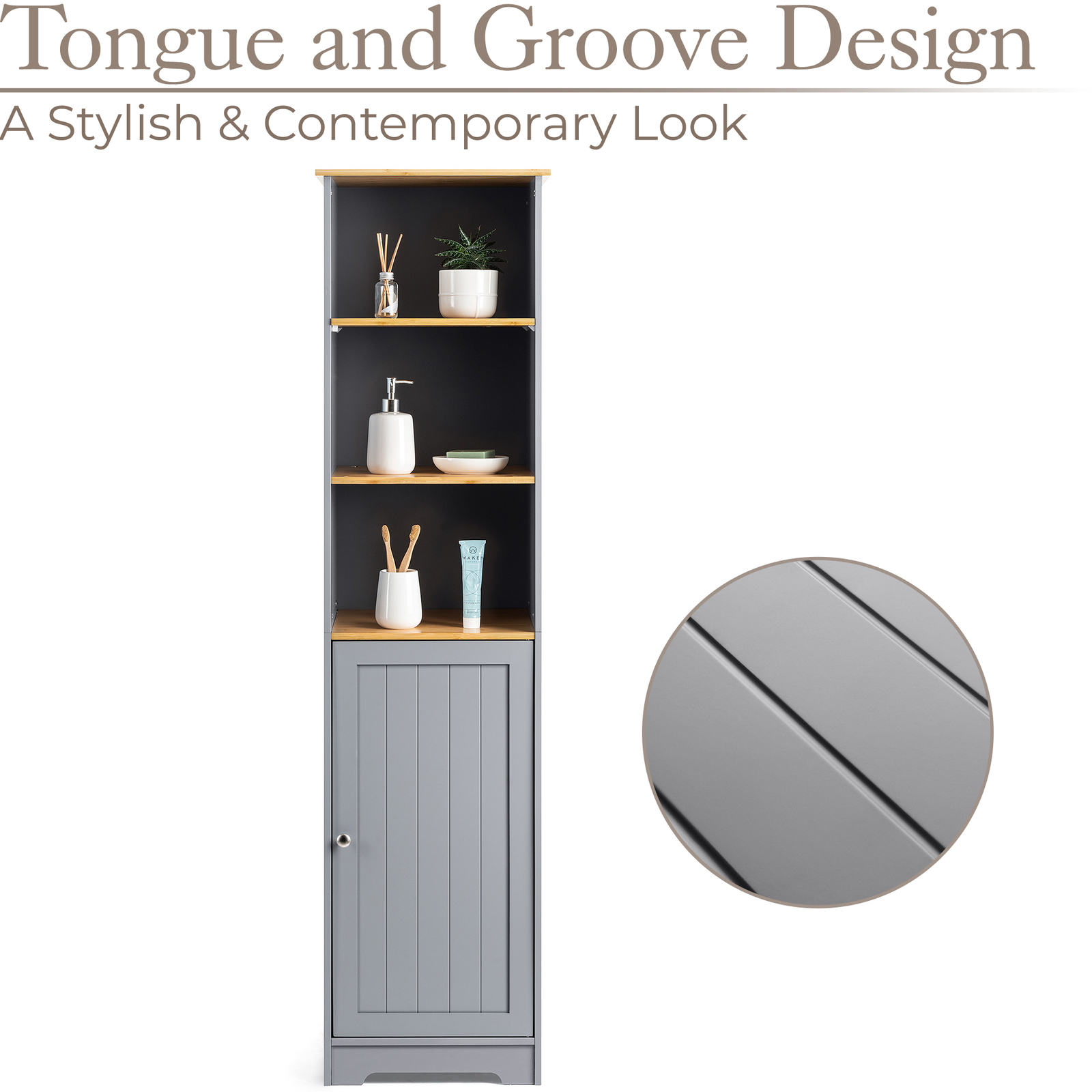 Bathroom Shelf Grey Bamboo Freestanding Tallboy Storage Unit