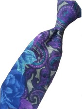 Azia Silk Tie Made in USA Blue Purple Green Floral Paisley EUC