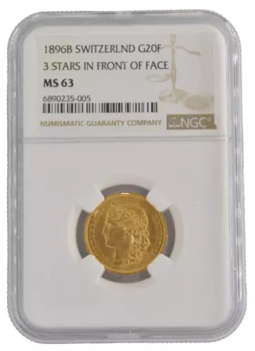 1896B Switzerland 3 Stars in Front of Face 20 Francs NGC MS63 .900 Gold Coin