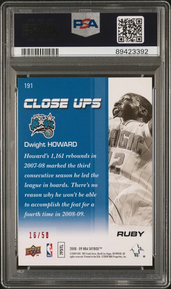 2008 Skybox UD Dwight Howard #191 Insert Ruby Close Ups NBA #16/50 PSA 9 Pop 1 Foto 2 de 2