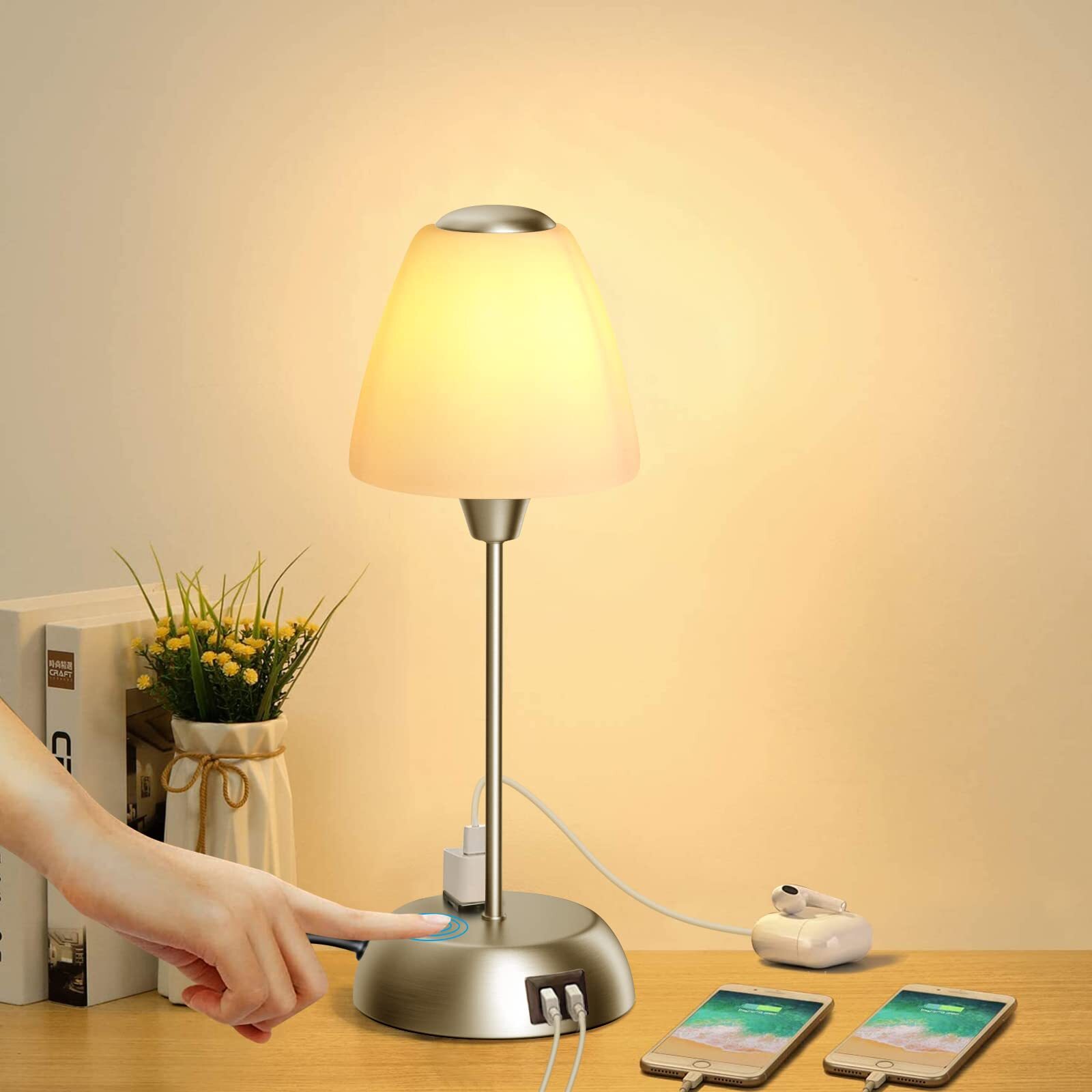 Bedside Lamp Touch Control Table Lamps with 2 USB Ports, 3-Way Dimmable Indus...