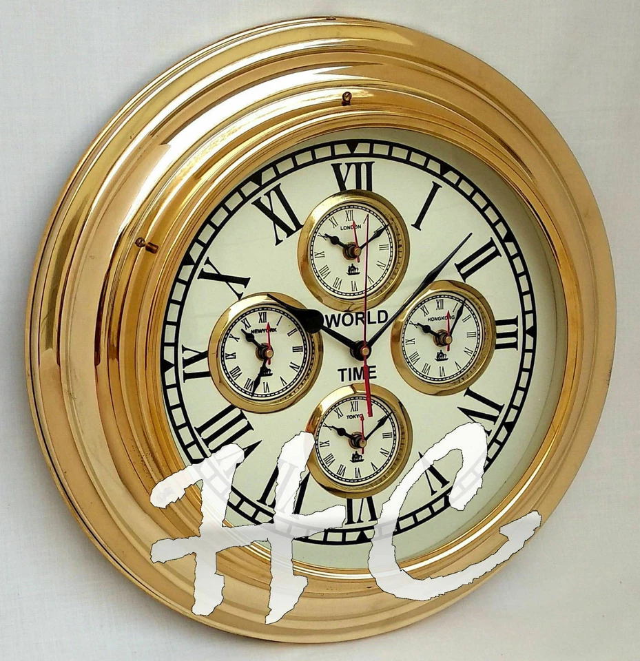 17英寸抛光黄铜世界时间时钟航海船挂钟海滩别墅装饰 — 第 4/4 张图片