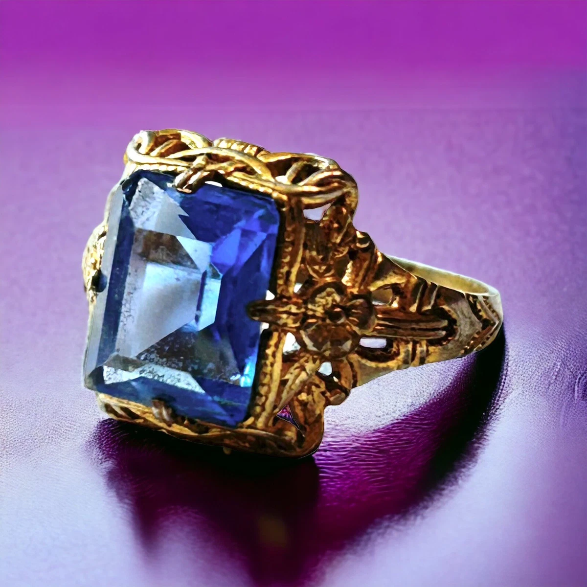 Vintage Antique UNCAS Gold Wash Filigree Bright Blue Square Stone